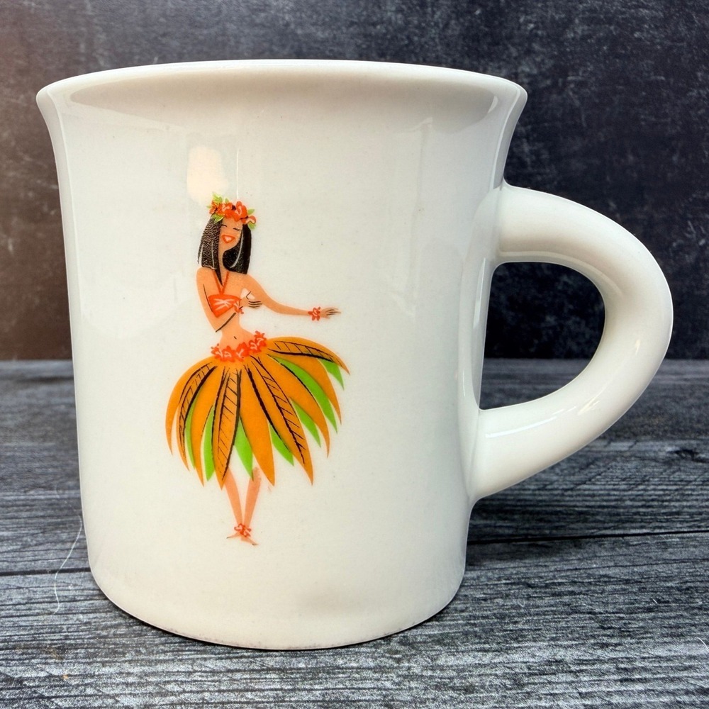 Fishs Eddy Mug Maurzena Parini Hula Dancer Ceramic White Retro Tiki Hawaii Style